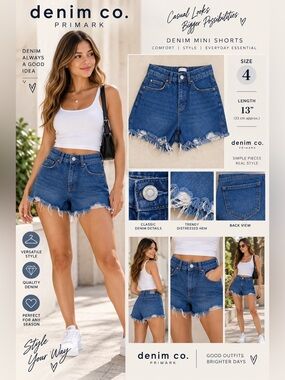 Primark Denim Co. Women’s Size 4 High Rise Denim Shorts Distressed Frayed Hem